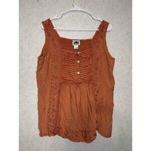 Womens Tank Shirt Top Smocked Embroidered Coral Orange Beach Resortwear LARGE